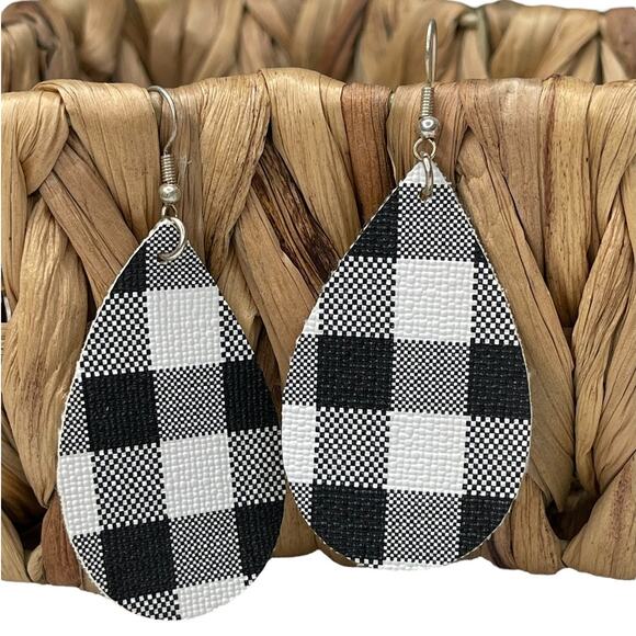 Faux Leather Teardrop Earrings Buffalo Plaid Red & Black and Black & White - Picture 3 of 6